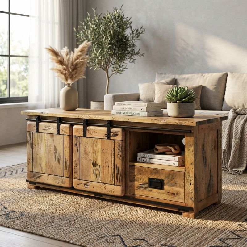 BEILY - porta tv legno di mango con 2 ante scorrevoli