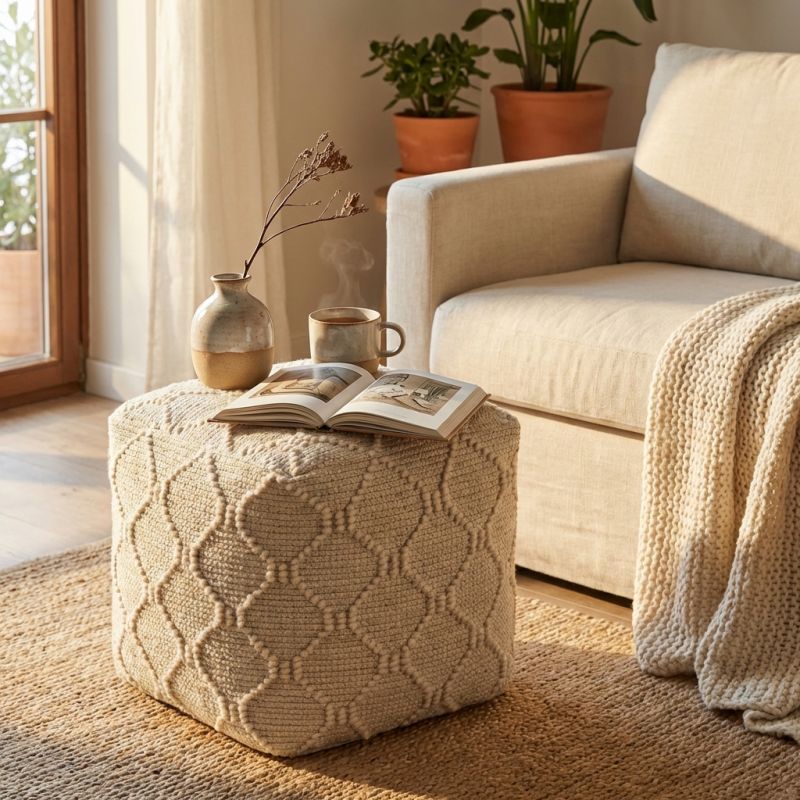 MELILLA - pouf in lana avorio con decoro 40 x 40
