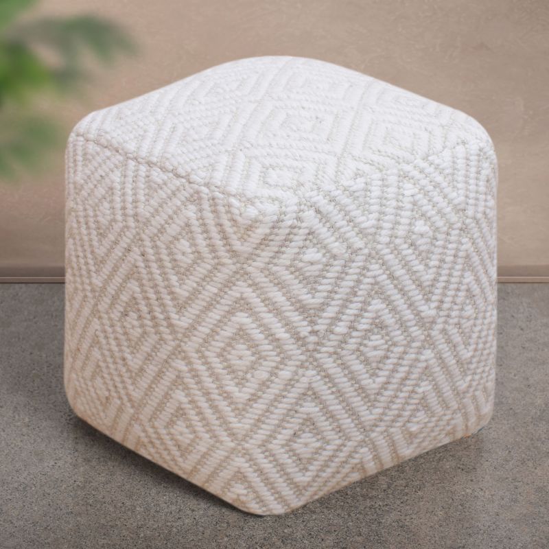 WOLF - pouf in lana avorio con decoro 40 x 40