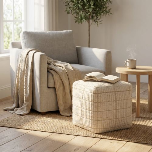 TESSA - pouf in lana avorio con decoro 40 x 40