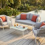 BACHATA - salotto con struttura in alluminio verniciato taupe o bianca, rivestimento in corda in pvc