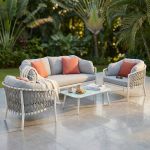 BACHATA - salotto con struttura in alluminio verniciato taupe o bianca, rivestimento in corda in pvc