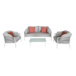 BACHATA - salotto con struttura in alluminio verniciato taupe o bianca, rivestimento in corda in pvc