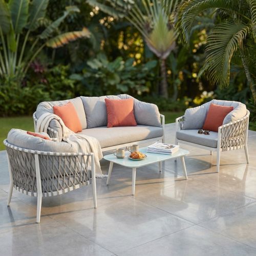 BACHATA - salotto con struttura in alluminio verniciato taupe o bianca, rivestimento in corda in pvc