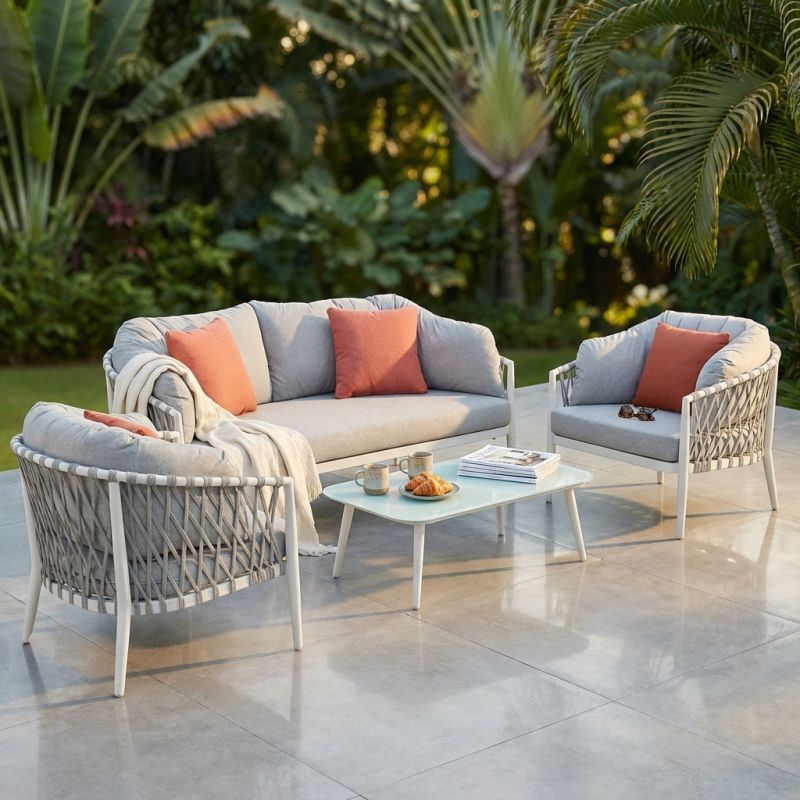 BACHATA - salotto con struttura in alluminio verniciato taupe o bianca, rivestimento in corda in pvc