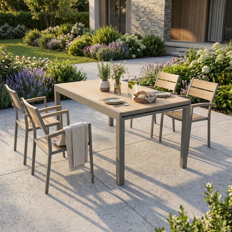 VIDUUS - set tavolo in alluminio e polywood cm 160/240 x 95 x 75 h con 4 poltrone Viduus