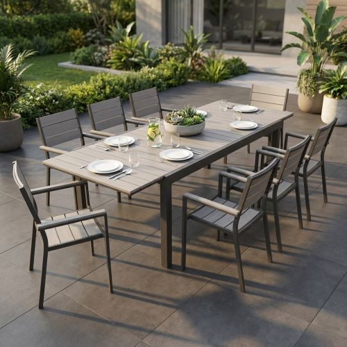 TRIUMPHUS - set tavolo in alluminio e polywood cm 180/240 x 100 x 73 h con 8 poltrone Xanthus