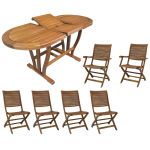 TURRIS - set tavolo in legno massiccio di acacia cm 120/160 x 70 x 74 h con 4 sedie e 2 poltrone Mulier