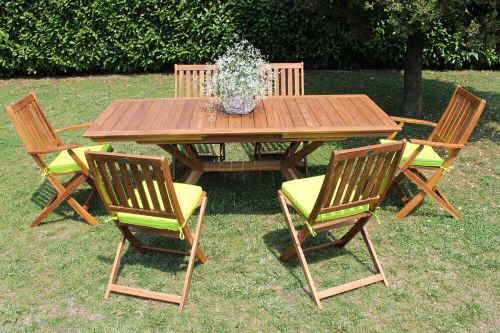 CAESAR - set tavolo in legno massiccio di acacia cm 150/200 x 90 x 78 h con 4 sedie e 2 poltrone Dresda