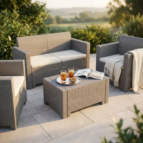 NEBRASKA - salotto da giardino completo di cuscini intreccio in rattan sintetico